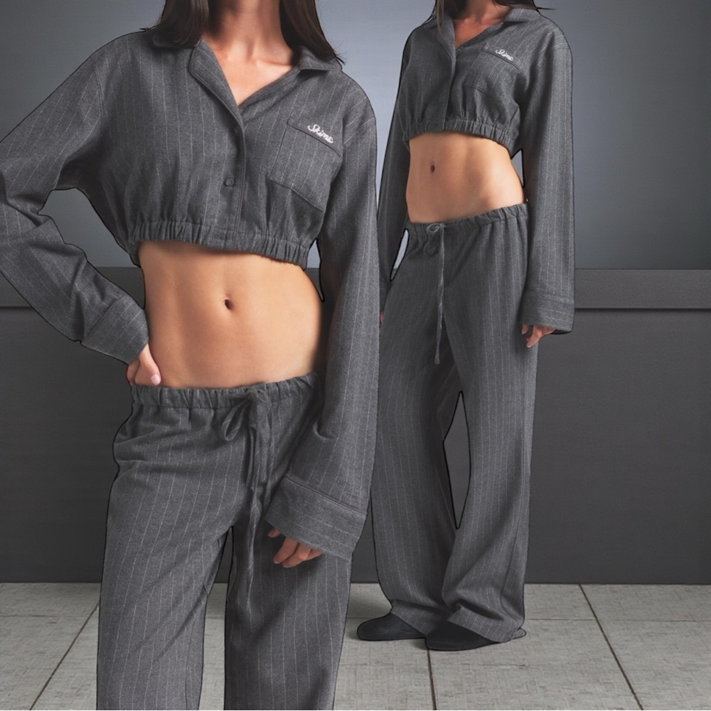 🖤✨ SKIMS Elevated Flannel Crop Shirt Set • Heather Grey Stripe • M • NWT ✨🖤